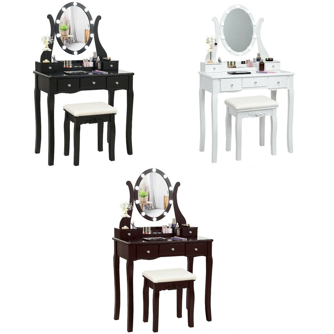 Vanity Table Set w/10 Light Bulbs and Touch Switch Makeup Dressing Table White/Brown/Black Image 1