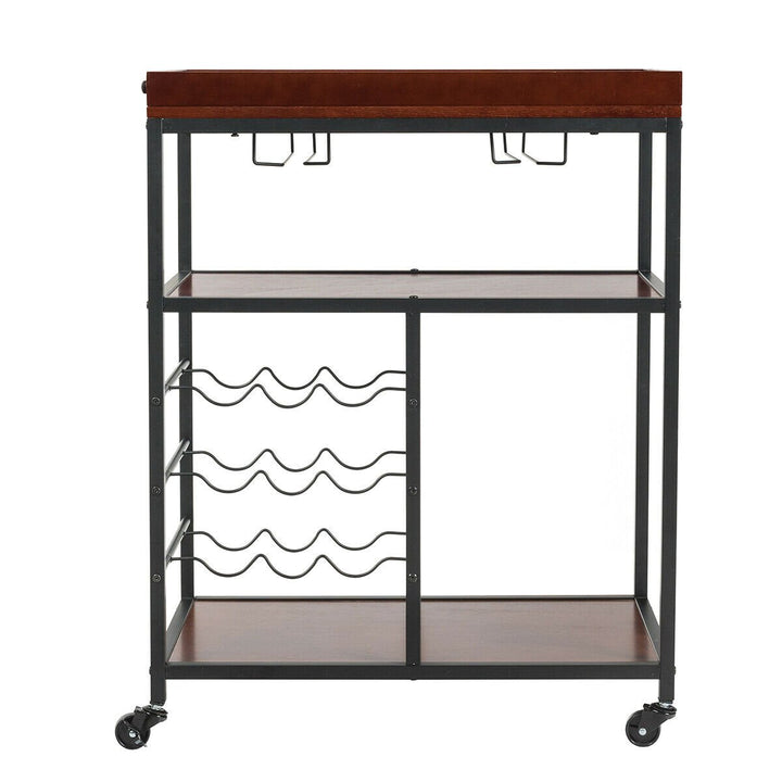 3 Tier Storage Kitchen Trolley Utility Bar Serving Cart w/Wine Rack and Glass Holder Image 10