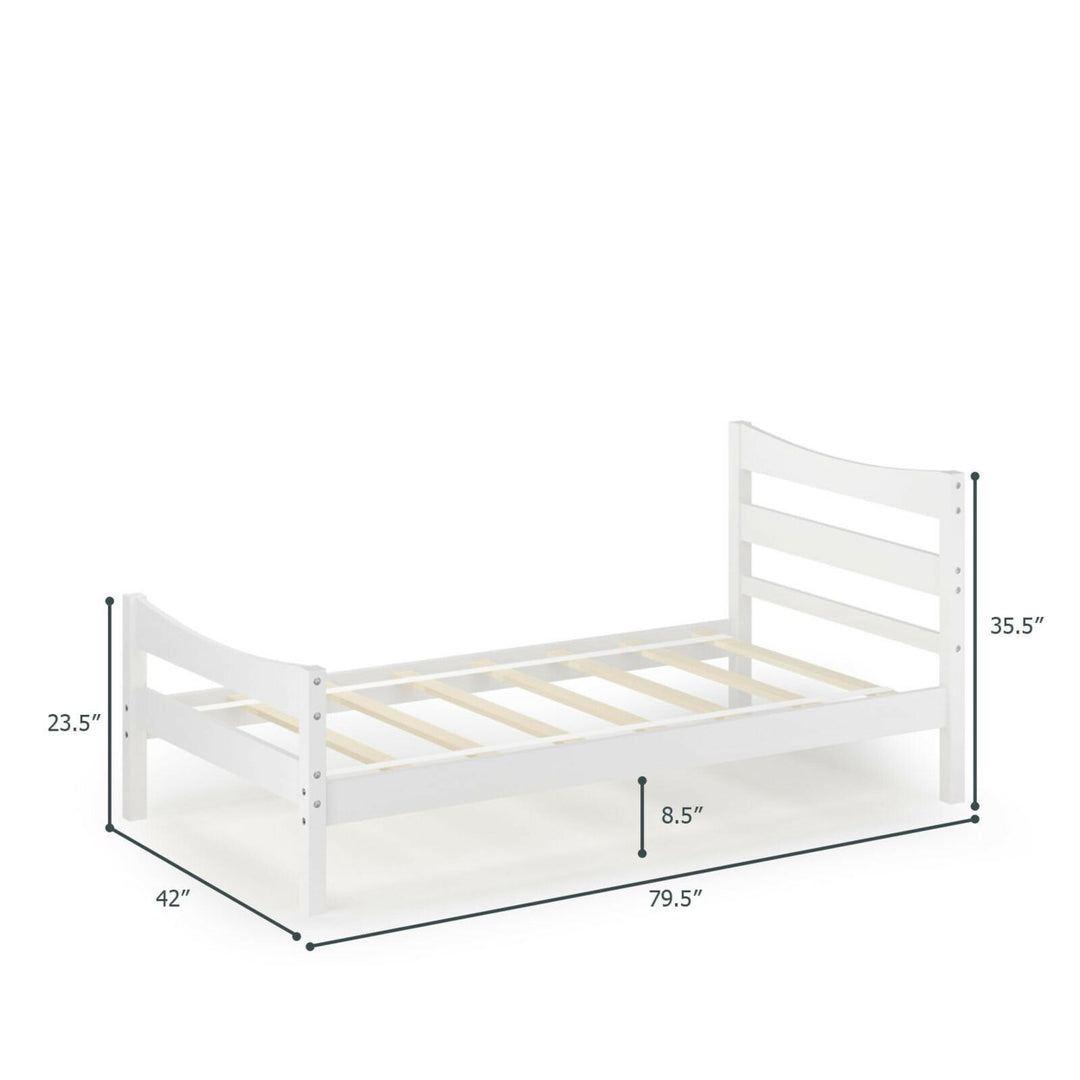 Twin Size Platform Bed Frame Foundation w/Headboard andWood Slat Support White Image 3