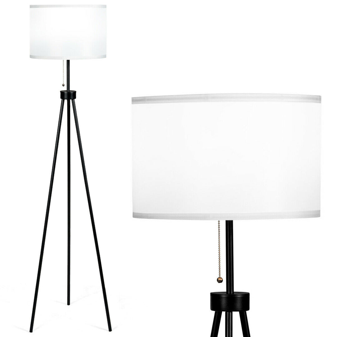 Modern Metal Tripod Floor Lamp White Fabric Shade w/ Chain Switch Home and Office Image 1