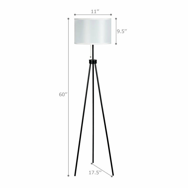 Modern Metal Tripod Floor Lamp White Fabric Shade w/ Chain Switch Home and Office Image 2