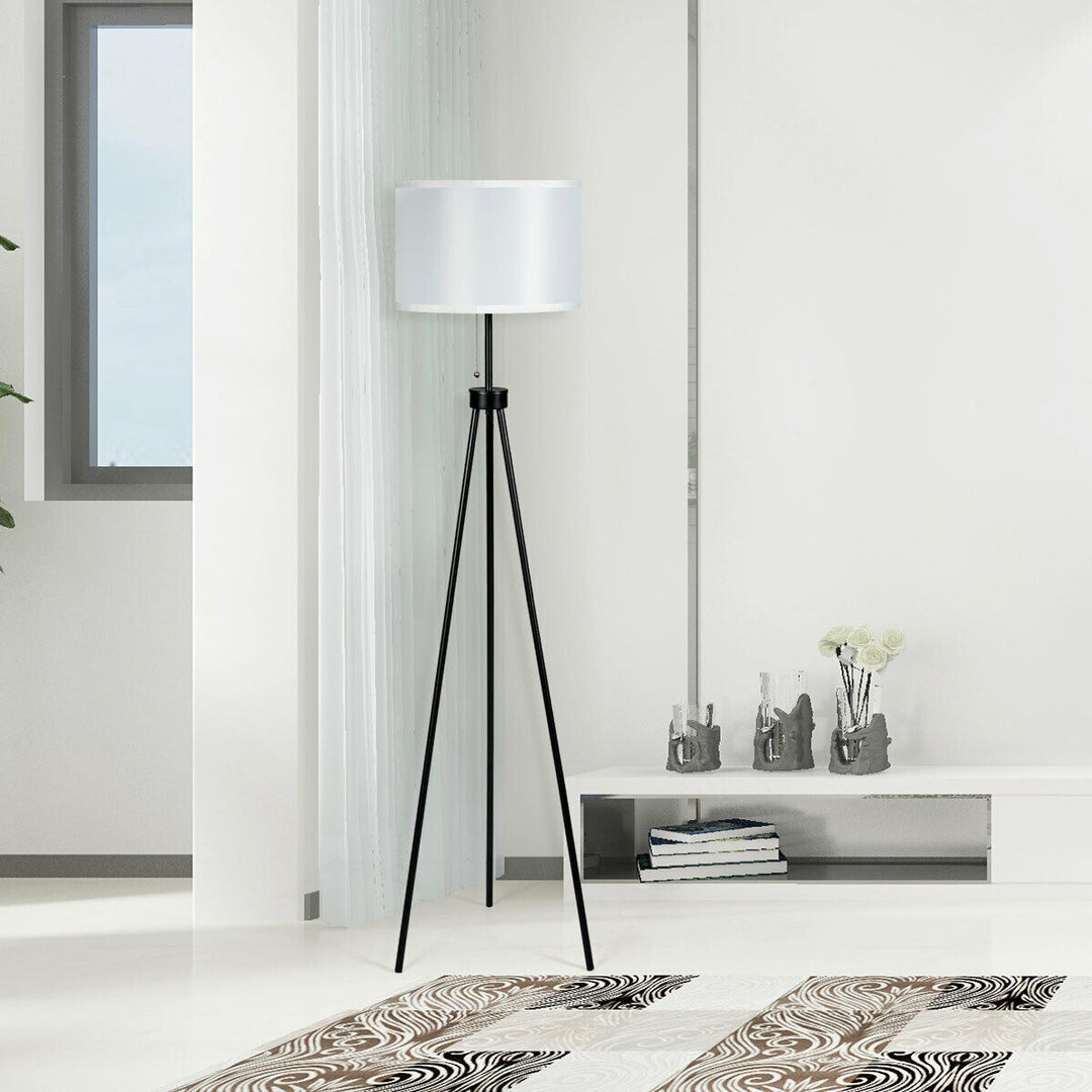 Modern Metal Tripod Floor Lamp White Fabric Shade w/ Chain Switch Home and Office Image 5