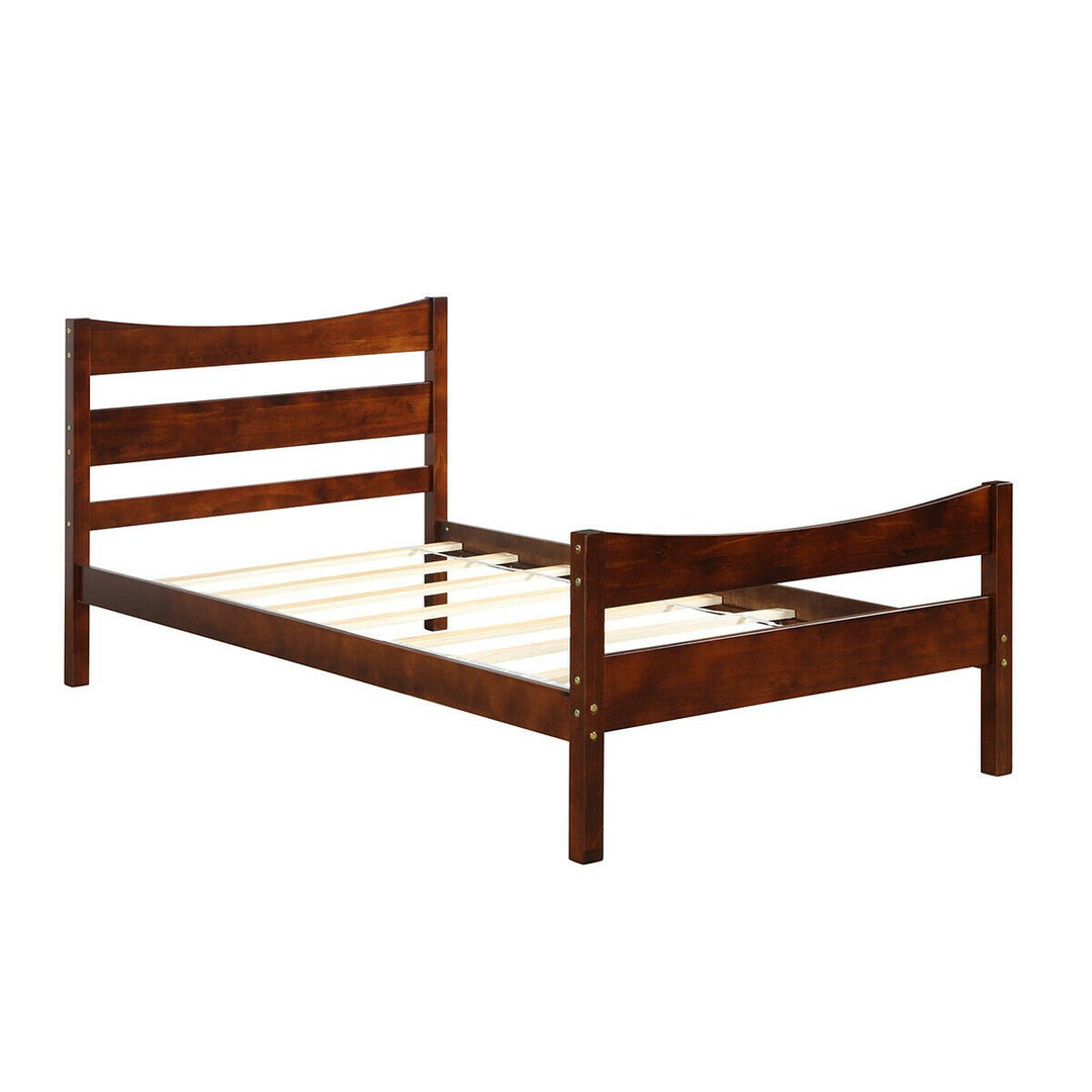 Twin Size Platform Bed Frame Foundation w/Headboard andWood Slat Support Walnut Image 2