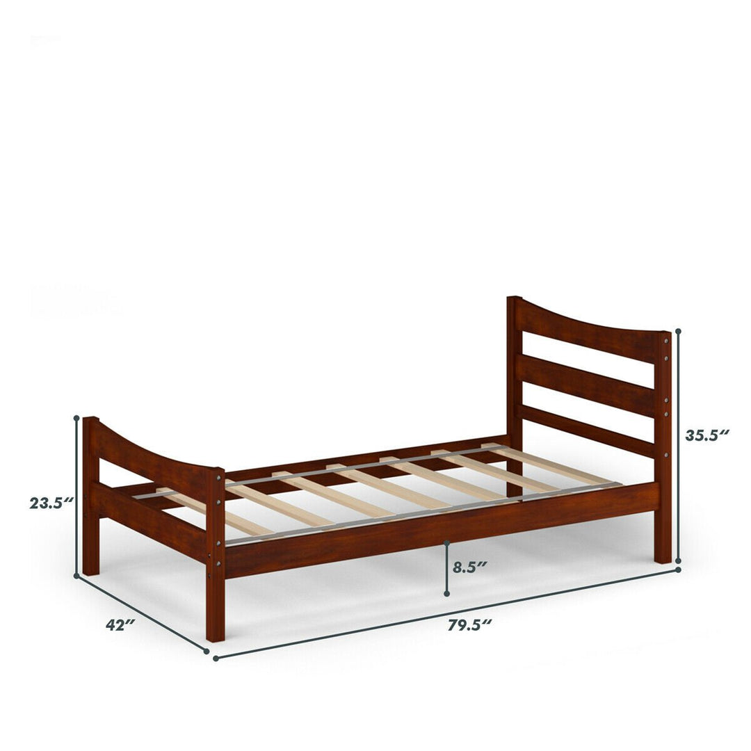 Twin Size Platform Bed Frame Foundation w/Headboard andWood Slat Support Walnut Image 3