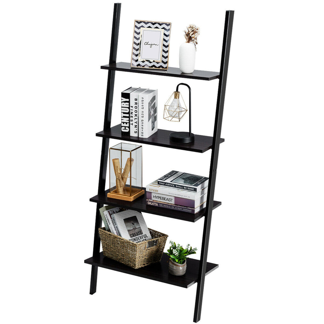 Industrial Ladder Shelf 4-Tier Leaning Wall Bookcase Plant Stand Rustic Black Image 1