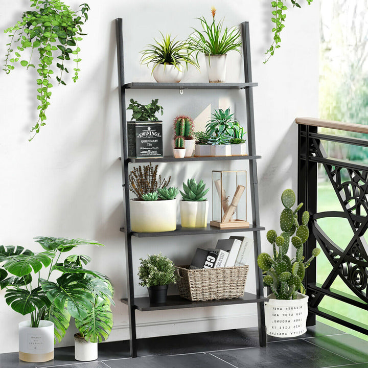 Industrial Ladder Shelf 4-Tier Leaning Wall Bookcase Plant Stand Rustic Black Image 4