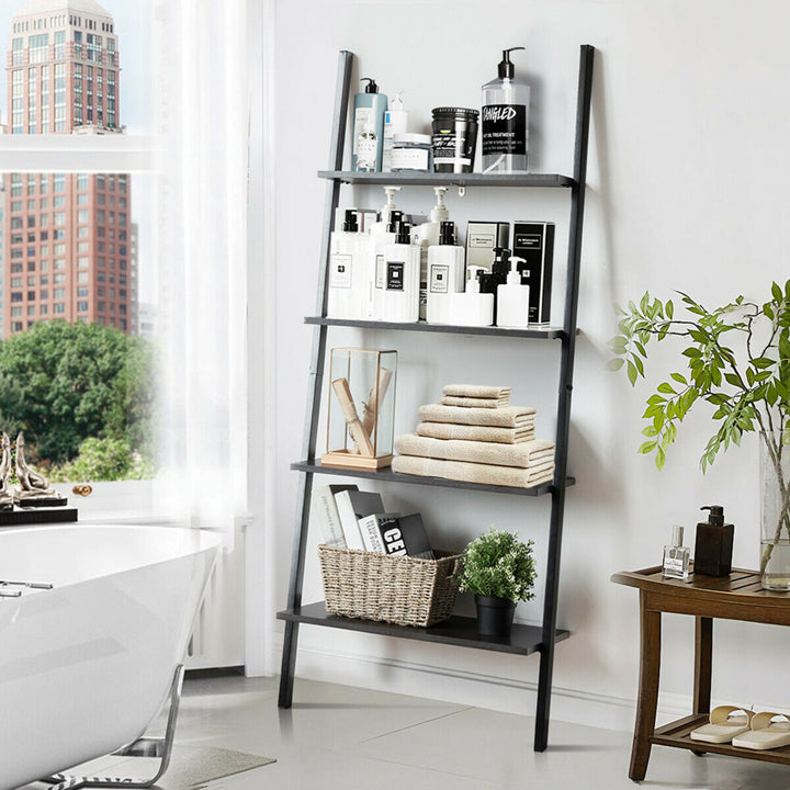 Industrial Ladder Shelf 4-Tier Leaning Wall Bookcase Plant Stand Rustic Black Image 5