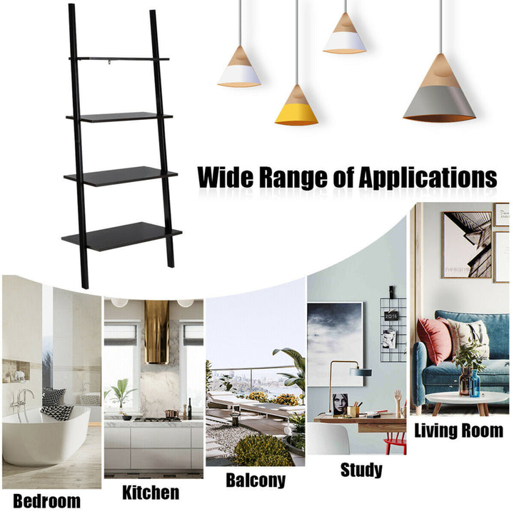 Industrial Ladder Shelf 4-Tier Leaning Wall Bookcase Plant Stand Rustic Black Image 6