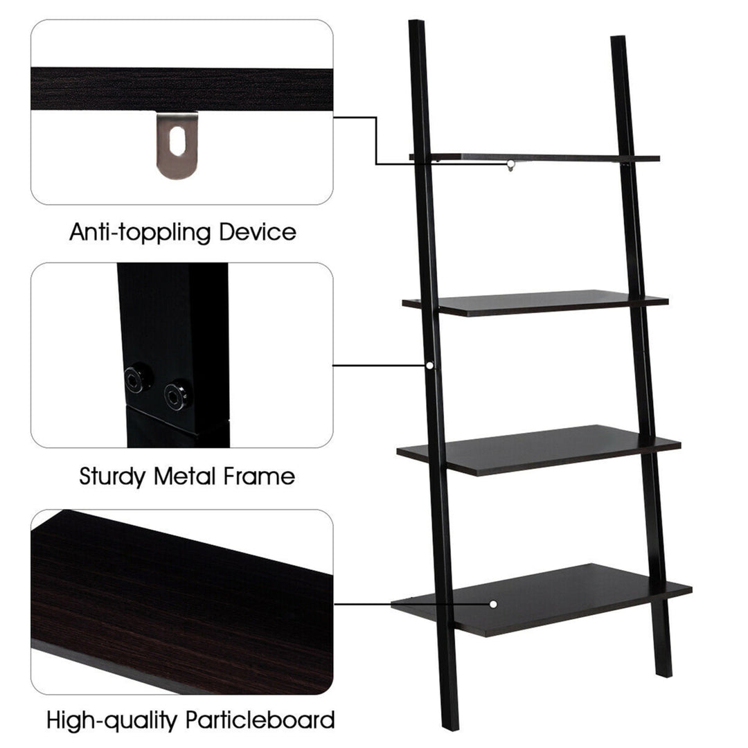 Industrial Ladder Shelf 4-Tier Leaning Wall Bookcase Plant Stand Rustic Black Image 9