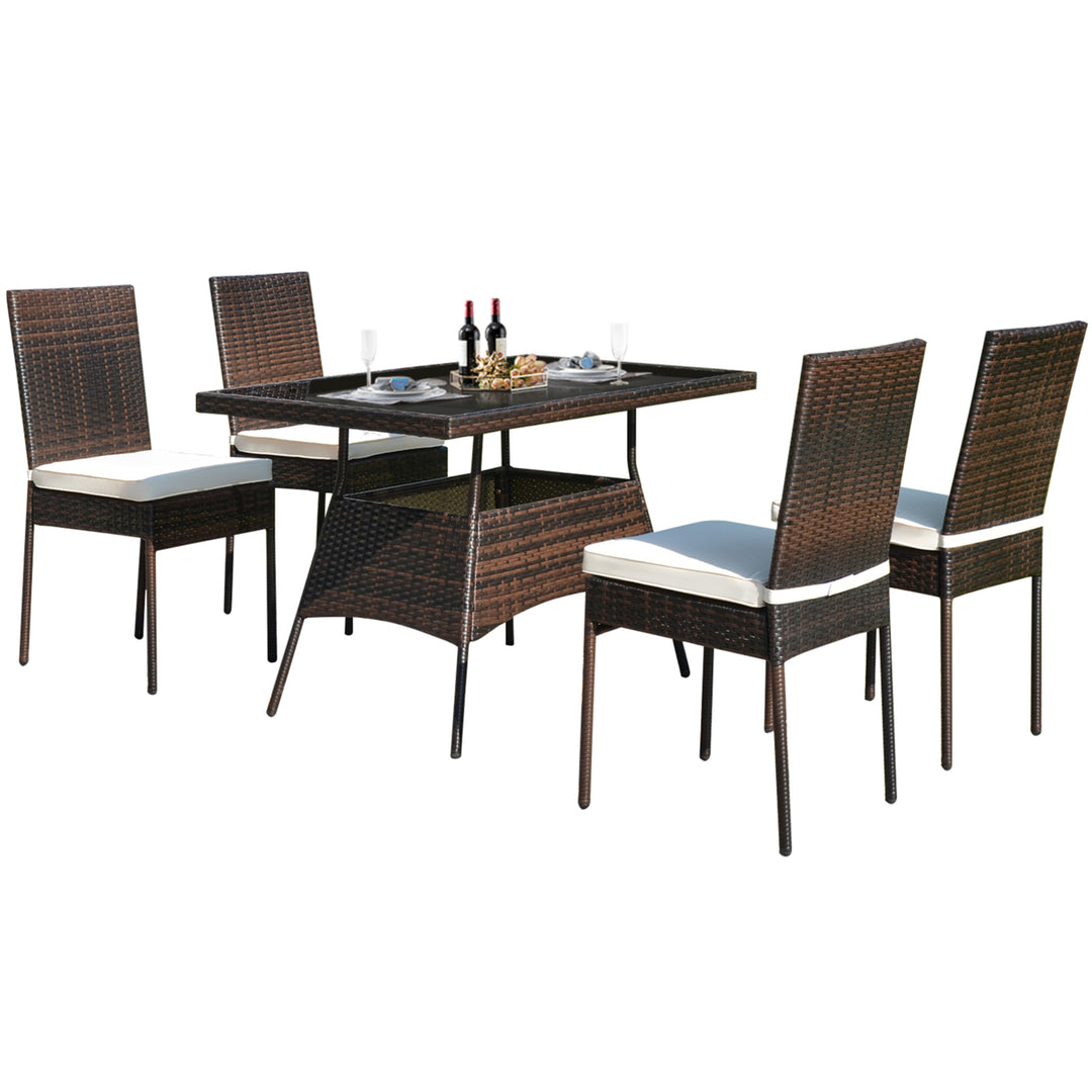 5PCS Rattan Patio Dining Table and Chair Set Outdoor Furniture Set w/ Cushion Image 5