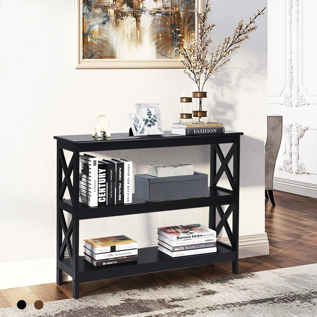 Costway 3-Tier Console Table x-Design Bookshelf Sofa Side Accent Table w/Shelf Espresso\Black Image 1