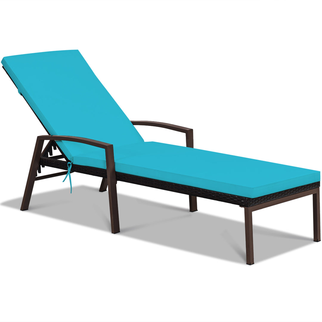 Adjustable Rattan Chaise Recliner Lounge Chair Patio Outdoor w/ Turquoise Cushion Image 1