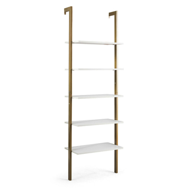 5-Tier Ladder Shelf Wood Wall Mounted Display Bookshelf Metal Frame Bronze Image 1