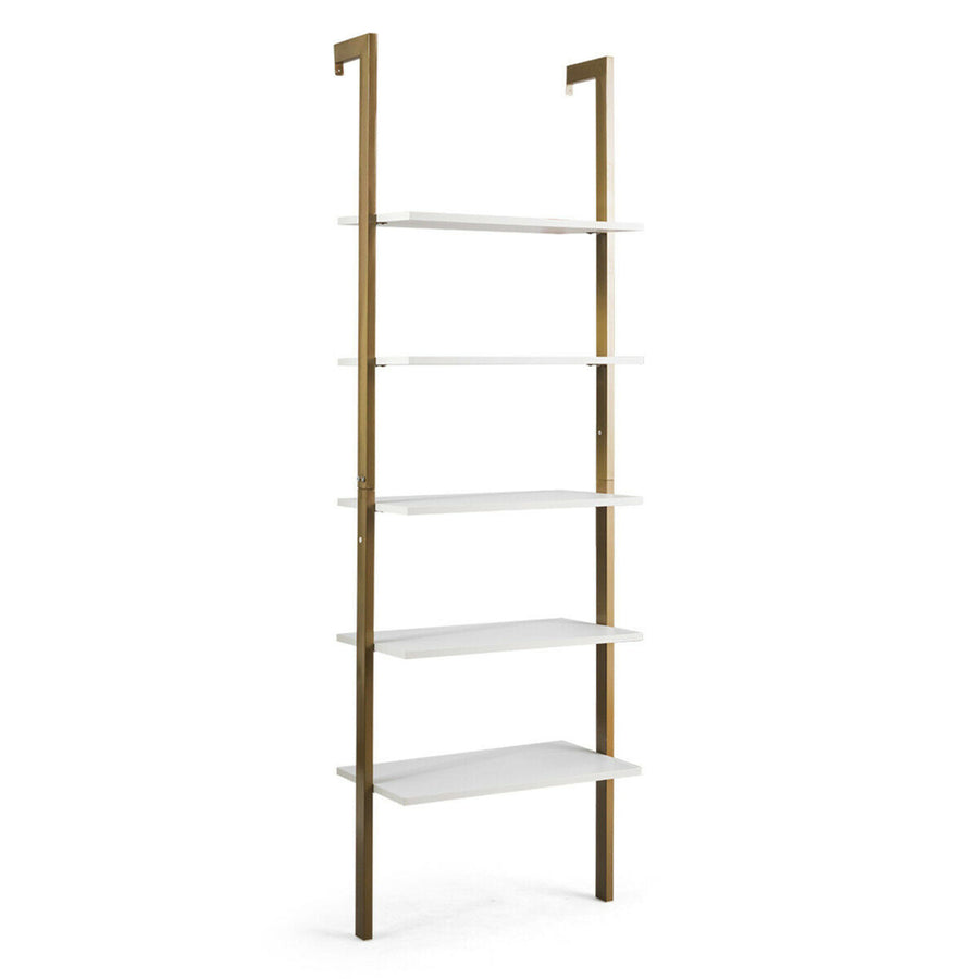 5-Tier Ladder Shelf Wood Wall Mounted Display Bookshelf Metal Frame Bronze Image 1