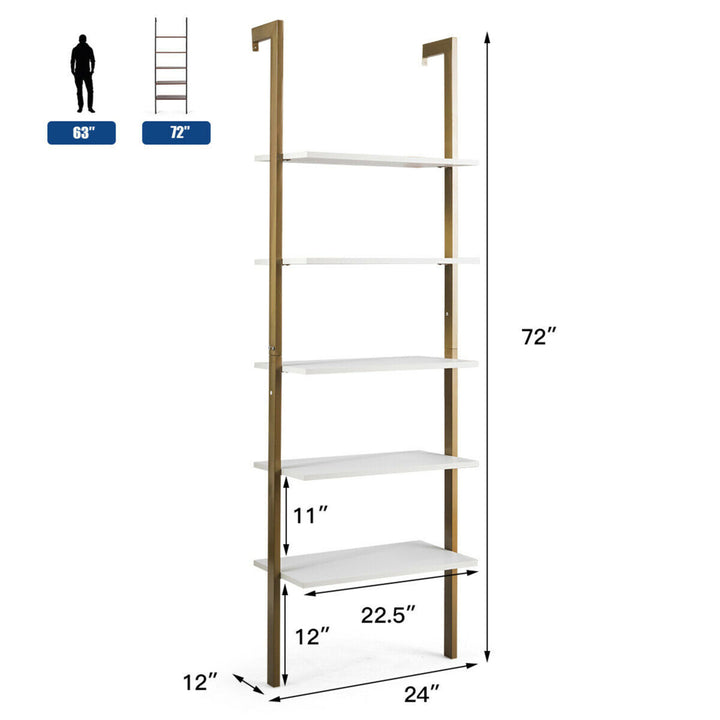 5-Tier Ladder Shelf Wood Wall Mounted Display Bookshelf Metal Frame Bronze Image 2