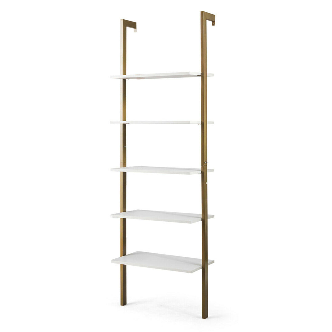 5-Tier Ladder Shelf Wood Wall Mounted Display Bookshelf Metal Frame Bronze Image 6