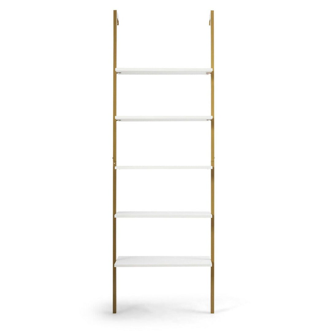 5-Tier Ladder Shelf Wood Wall Mounted Display Bookshelf Metal Frame Bronze Image 7