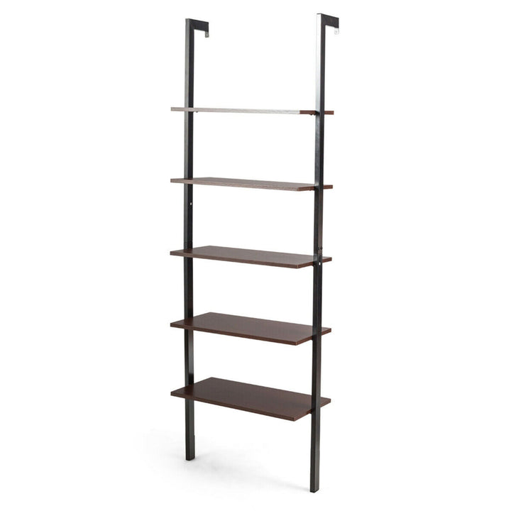 5-Tier Ladder Shelf Wood Wall Mounted Display Bookshelf Metal Frame Brown and Black Image 1