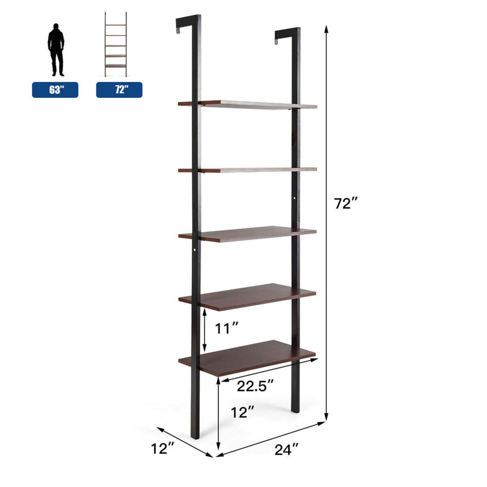 5-Tier Ladder Shelf Wood Wall Mounted Display Bookshelf Metal Frame Brown and Black Image 2