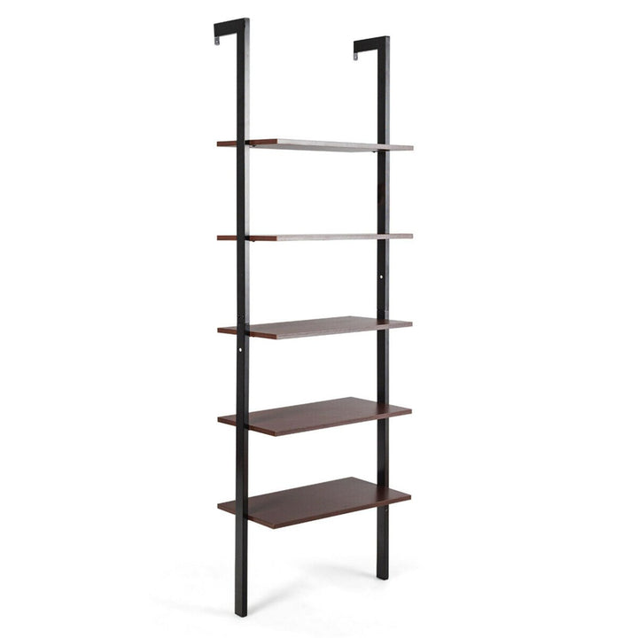 5-Tier Ladder Shelf Wood Wall Mounted Display Bookshelf Metal Frame Brown and Black Image 6