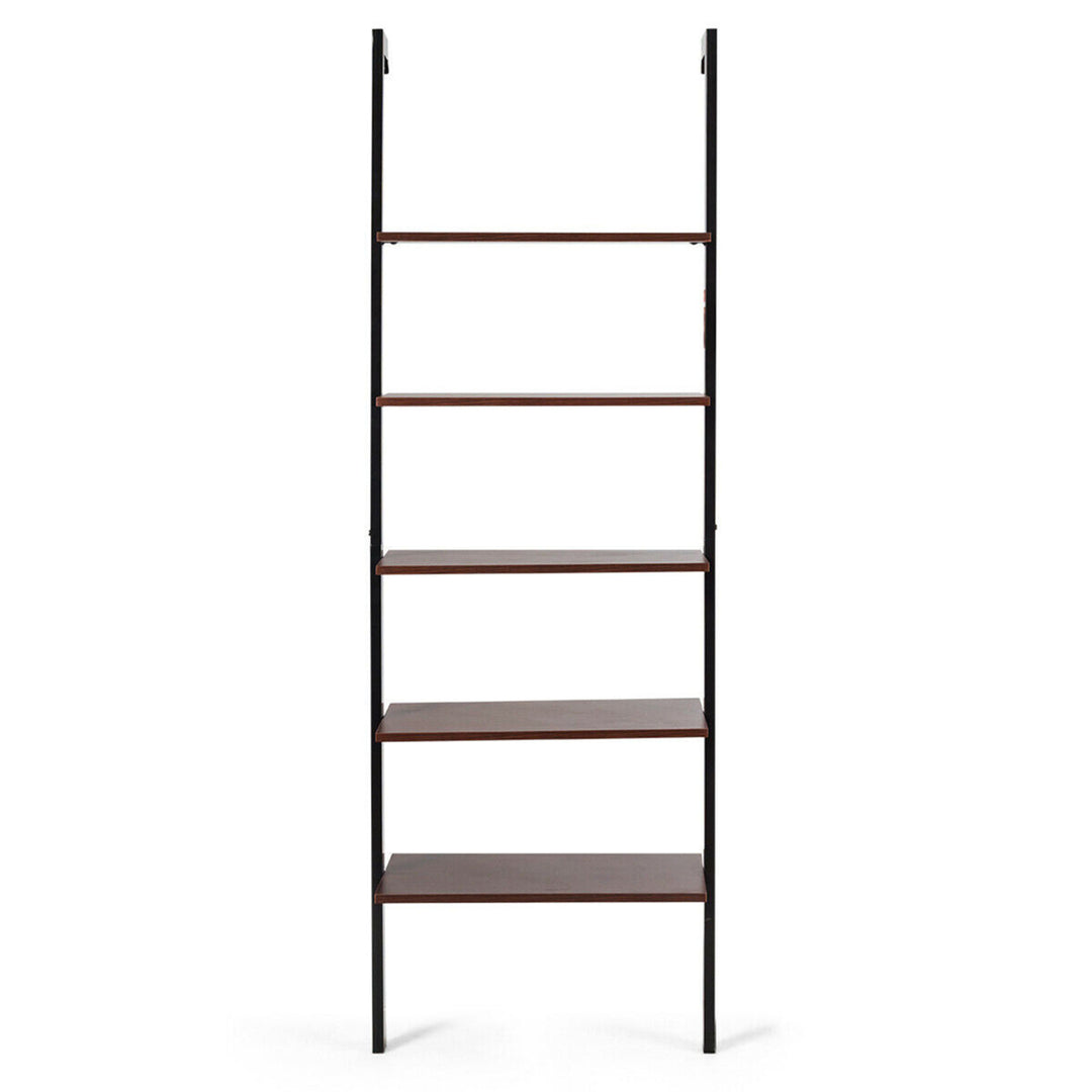 5-Tier Ladder Shelf Wood Wall Mounted Display Bookshelf Metal Frame Brown and Black Image 7