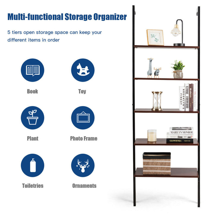 5-Tier Ladder Shelf Wood Wall Mounted Display Bookshelf Metal Frame Brown and Black Image 8