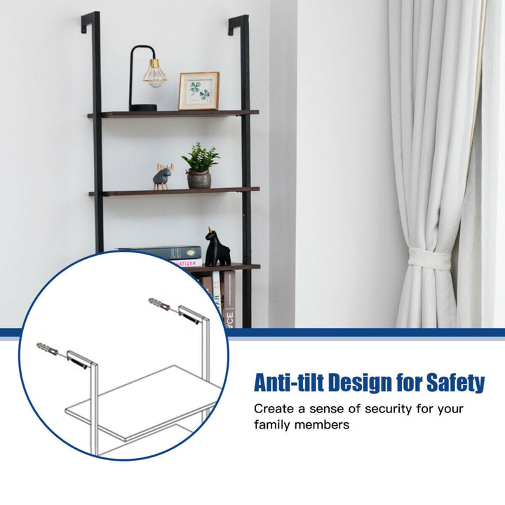 5-Tier Ladder Shelf Wood Wall Mounted Display Bookshelf Metal Frame Brown and Black Image 9