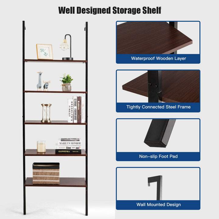 5-Tier Ladder Shelf Wood Wall Mounted Display Bookshelf Metal Frame Brown and Black Image 10