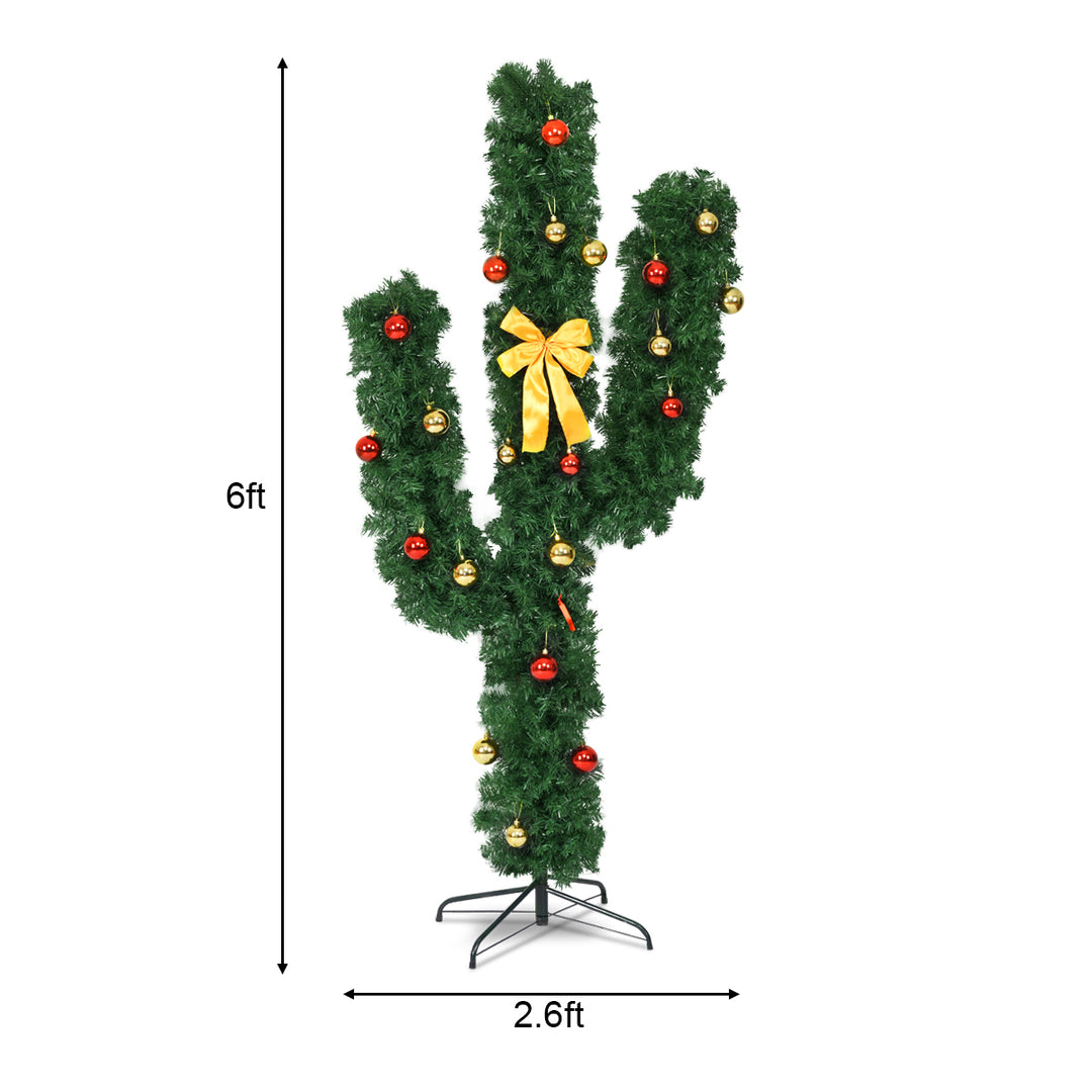 6Ft Cactus Artificial Christmas Tree Pre-Lit w/LED Lights and Ball Ornaments Image 2