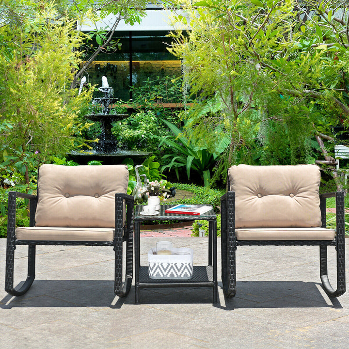 3PCS Rattan Rocking Chair Table Set Patio Furniture Set w/ Cushions Image 3