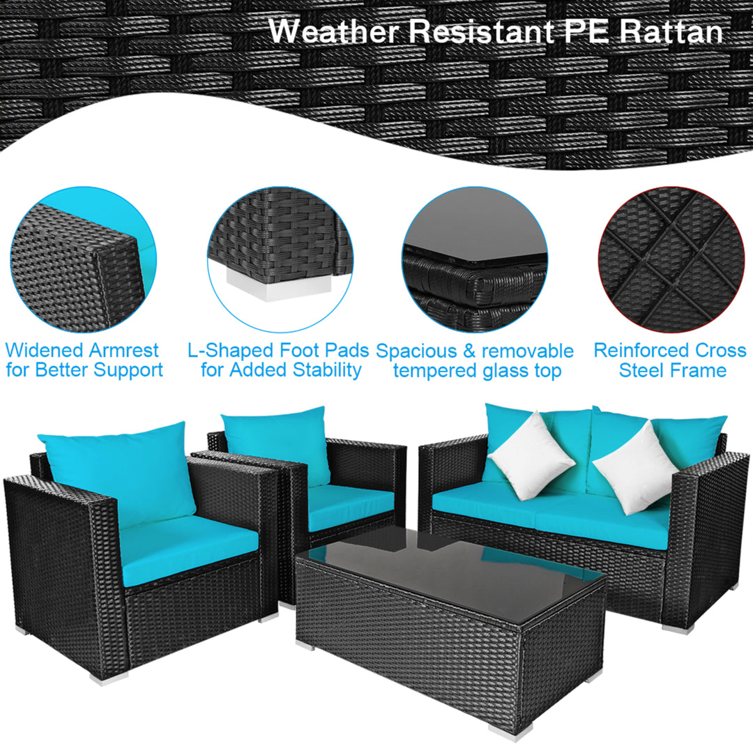 4PC Rattan Patio Furniture Set Outdoor Wicker With Turquoise Cushion Image 8