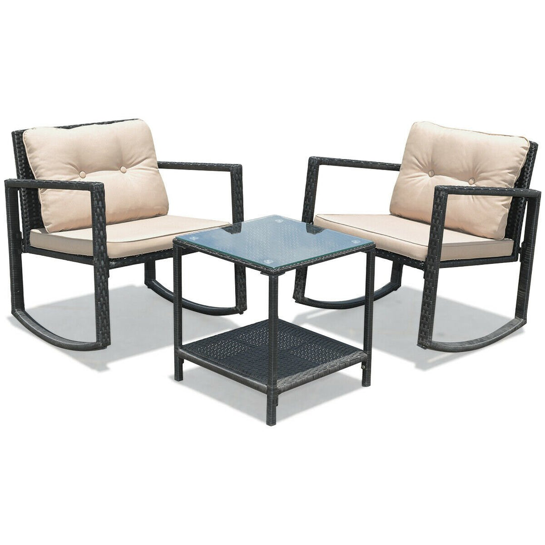 3PCS Rattan Rocking Chair Table Set Patio Furniture Set w/ Cushions Image 5