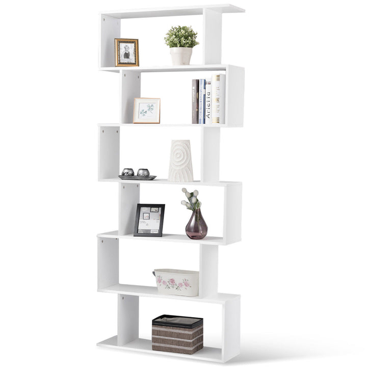 6 Tier S-Shaped Bookcase Z-Shelf Style Storage Display Modern Bookshelf White Image 1