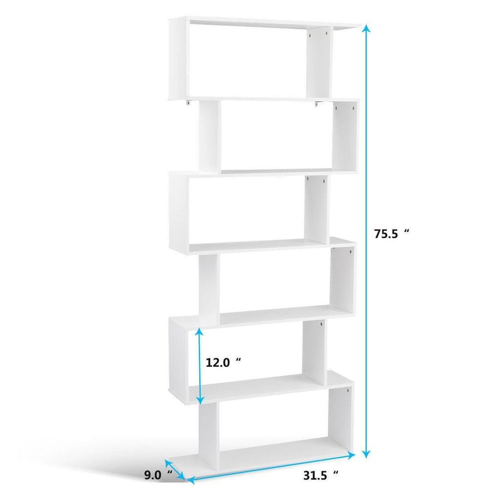 6 Tier S-Shaped Bookcase Z-Shelf Style Storage Display Modern Bookshelf White Image 2