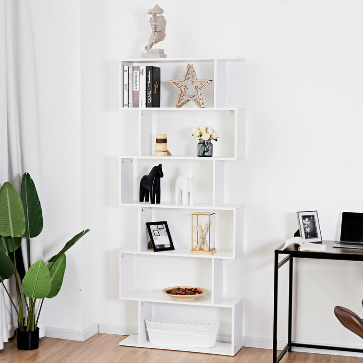 6 Tier S-Shaped Bookcase Z-Shelf Style Storage Display Modern Bookshelf White Image 3