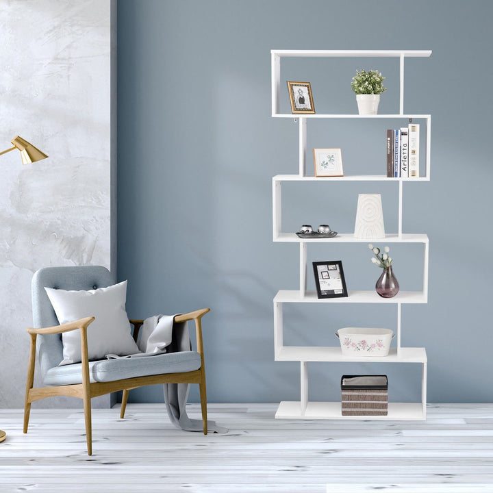 6 Tier S-Shaped Bookcase Z-Shelf Style Storage Display Modern Bookshelf White Image 4