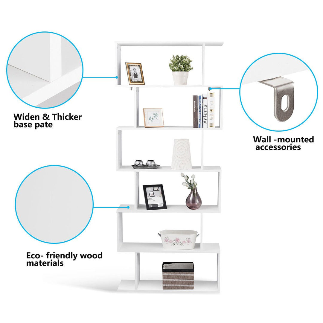 6 Tier S-Shaped Bookcase Z-Shelf Style Storage Display Modern Bookshelf White Image 5