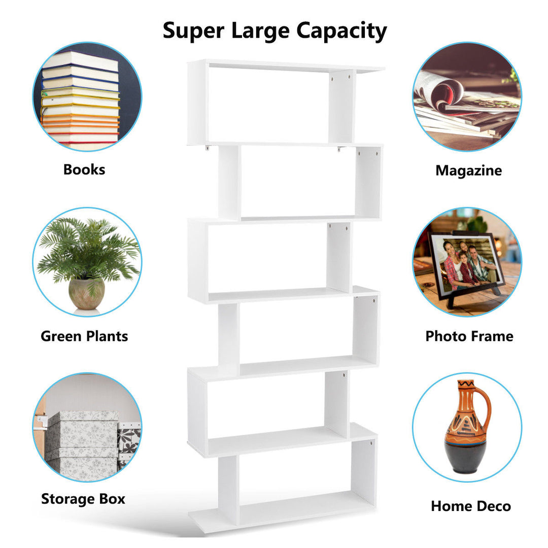 6 Tier S-Shaped Bookcase Z-Shelf Style Storage Display Modern Bookshelf White Image 6