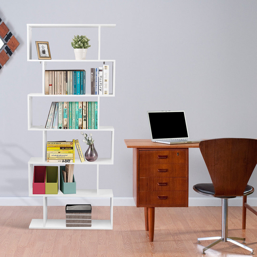 6 Tier S-Shaped Bookcase Z-Shelf Style Storage Display Modern Bookshelf White Image 7