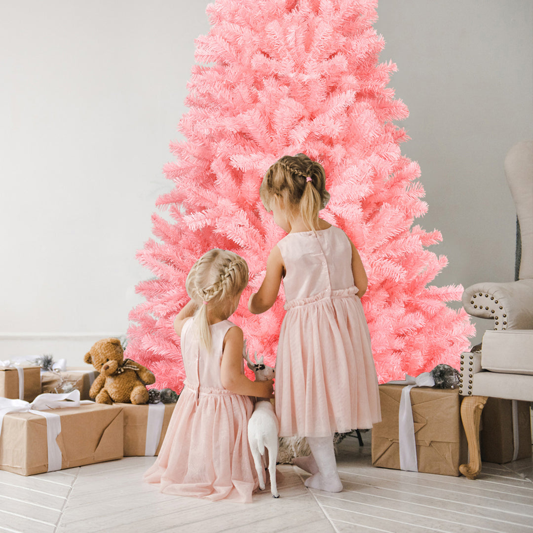 7.5ft Pink Artificial Christmas Tree Hinged Spruce Full Tree w/ Metal Stand Image 4