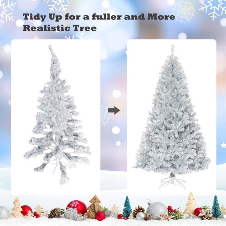 7.5 FT Silver Tinsel Christmas Tree Artificial Hinged Tree Holiday Decoration Image 9