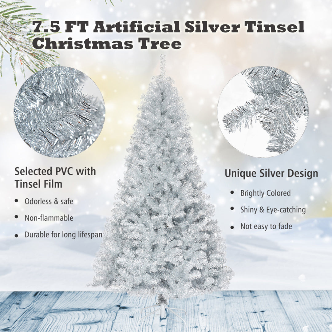 7.5 FT Silver Tinsel Christmas Tree Artificial Hinged Tree Holiday Decoration Image 10