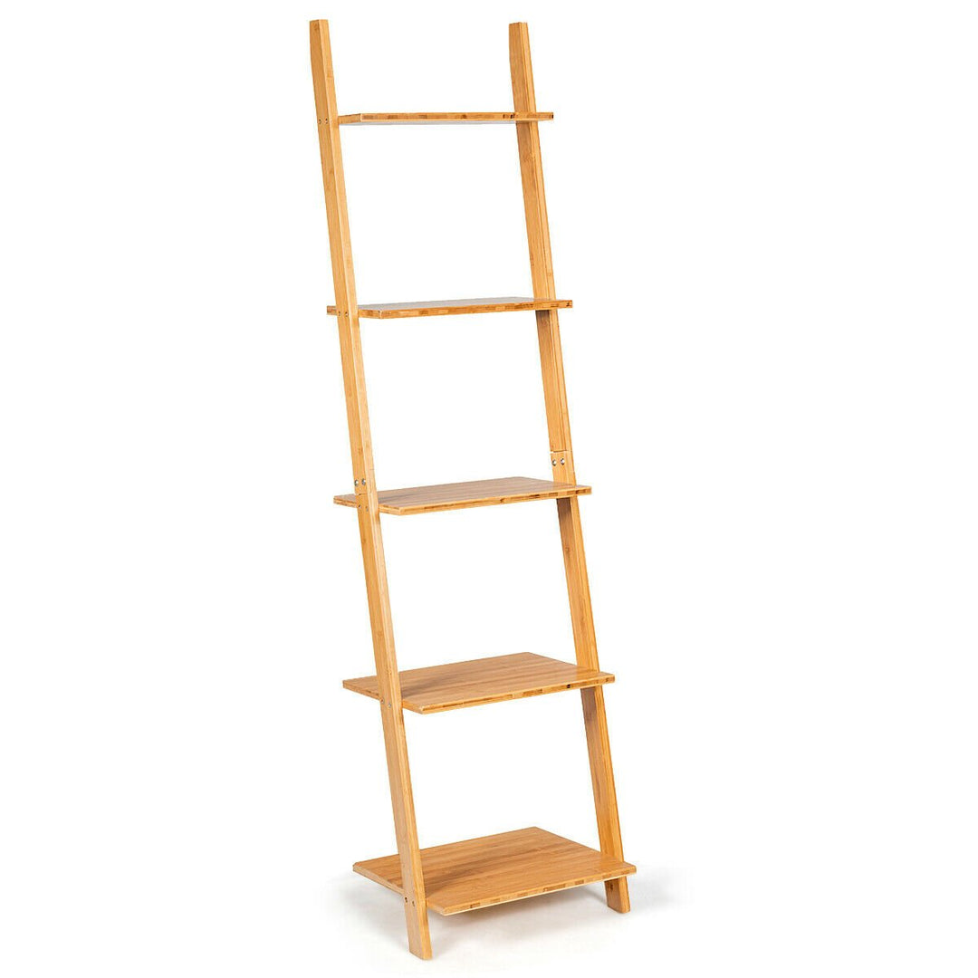 5-Tier Ladder Shelf Modern Bamboo Leaning Bookshelf Ladder Bookcase Open Display Image 1