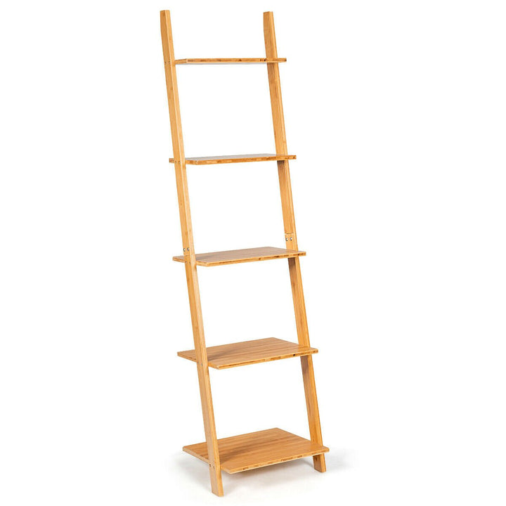 5-Tier Ladder Shelf Modern Bamboo Leaning Bookshelf Ladder Bookcase Open Display Image 1