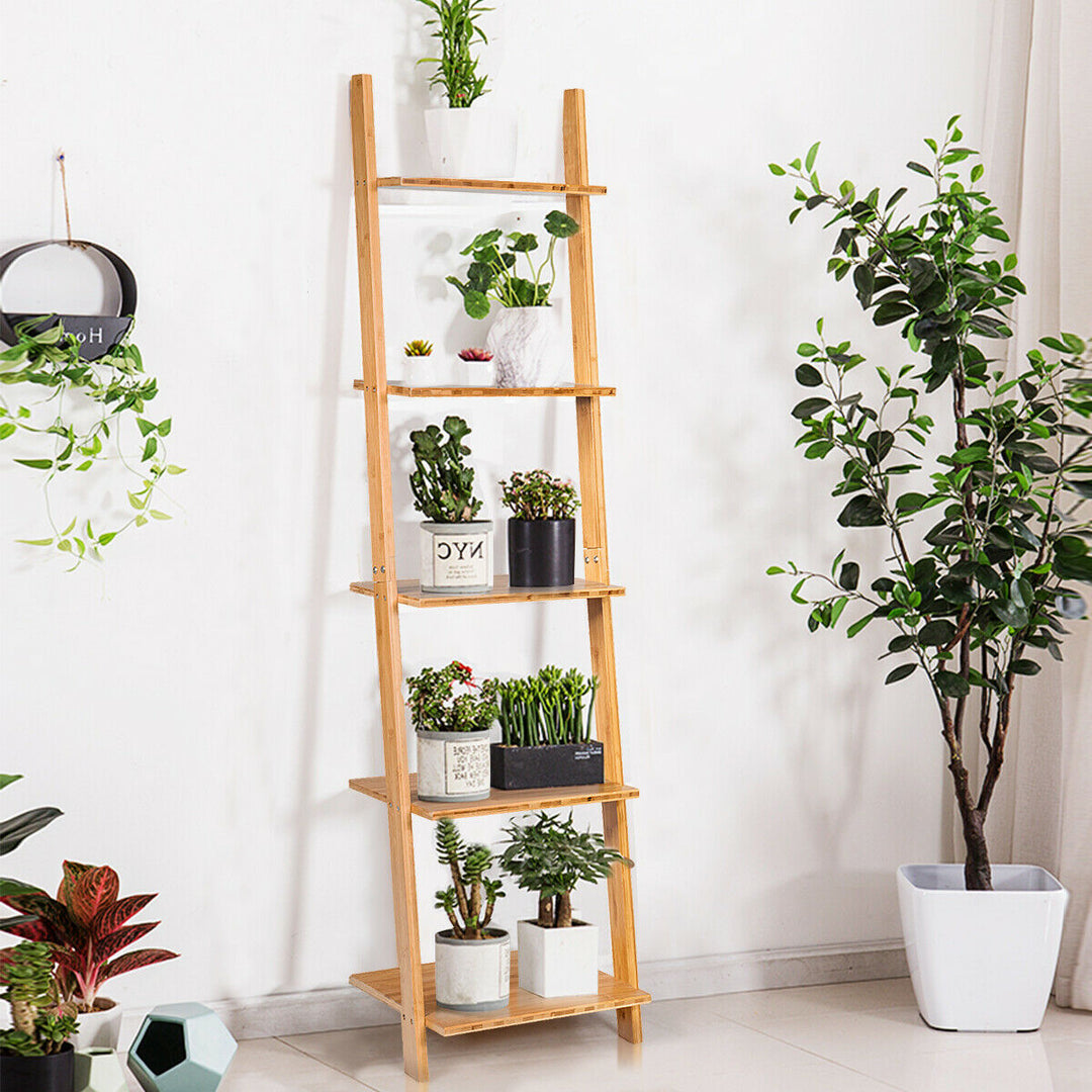 5-Tier Ladder Shelf Modern Bamboo Leaning Bookshelf Ladder Bookcase Open Display Image 3