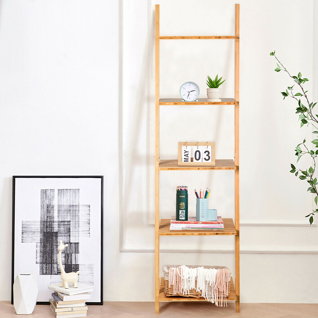 5-Tier Ladder Shelf Modern Bamboo Leaning Bookshelf Ladder Bookcase Open Display Image 4