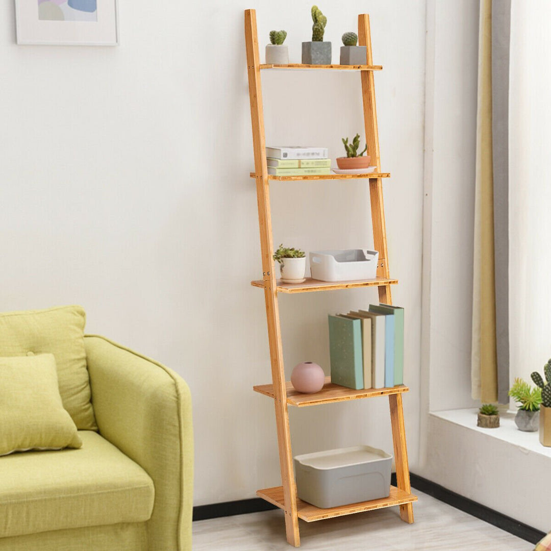 5-Tier Ladder Shelf Modern Bamboo Leaning Bookshelf Ladder Bookcase Open Display Image 6