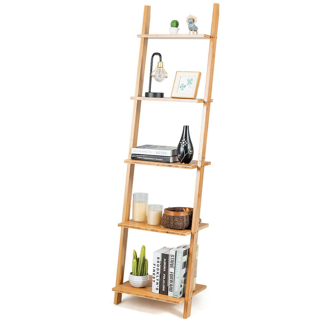 5-Tier Ladder Shelf Modern Bamboo Leaning Bookshelf Ladder Bookcase Open Display Image 7