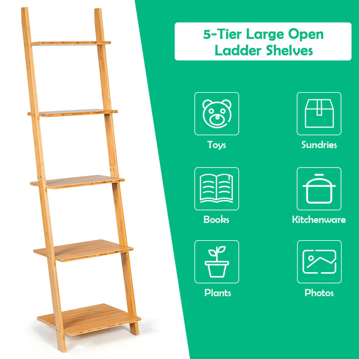 5-Tier Ladder Shelf Modern Bamboo Leaning Bookshelf Ladder Bookcase Open Display Image 8