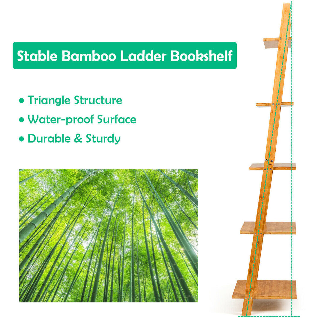 5-Tier Ladder Shelf Modern Bamboo Leaning Bookshelf Ladder Bookcase Open Display Image 9